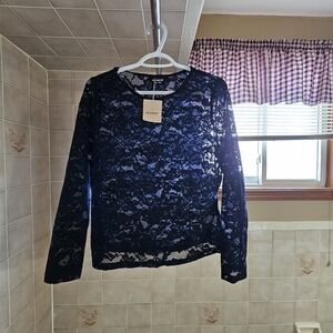 BloomChic Navy Lace Long Sleeve Top
